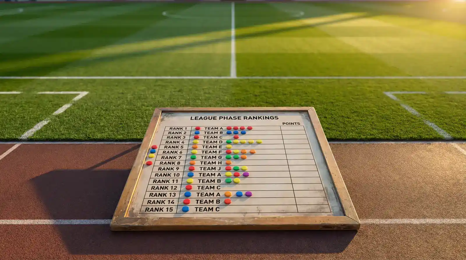 Vista aérea de campo de futebol profissional com marcações tácticas da fase de liga da Champions League